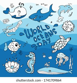 Vector illustration dedicated to the protection of marine, ocean and marine animals. World ocean day. Background with whales, fish, turtle, hand-drawn lettering
