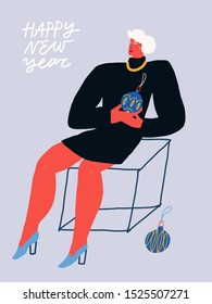 Vector illustration dedicated to winter holidays. Depiction of a girl in black mini dress holding christmas ball. Festive image for Christmas and New Year celebration. Happy New Year lettering.