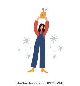 Vector illustration dedicated to winter holidays. Depiction of a girl in jumpsuit holding box with present. Festive image for Christmas and New Year celebration. 