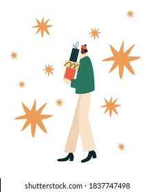 Ilustración vectorial dedicada a las vacaciones de invierno. Representación de un niño sosteniendo cajas con regalos. Imagen festiva para la celebración de Navidad y Año Nuevo. Estrellas en el fondo.
