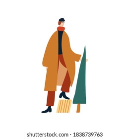 Vector illustration dedicated to winter holidays. Depiction of a boy holding christmas tree. Festive image for Christmas and New Year celebration. 