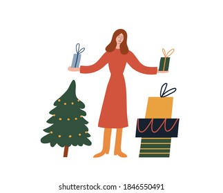 Ilustración vectorial dedicada a las vacaciones de invierno. Representación de una chica con un vestido rojo sosteniendo cajas con regalos. Árbol de Navidad y regalos. Imagen festiva para la celebración de Navidad y Año Nuevo. 