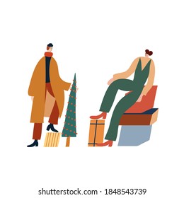 Vector illustration dedicated to winter holidays. Depiction of boy and girl with gift boxes. Festive image for Christmas and New Year celebration.