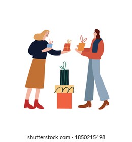 Ilustración vectorial dedicada a las vacaciones de invierno. Representación de dos chicas sosteniendo cajas con regalos. Imagen festiva para la celebración de Navidad y Año Nuevo. Cambio de regalo.