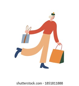 Vector illustration dedicated to winter holidays. Depiction of a girl with shopping bag and box with presents. Festive image for Christmas and New Year celebration. 