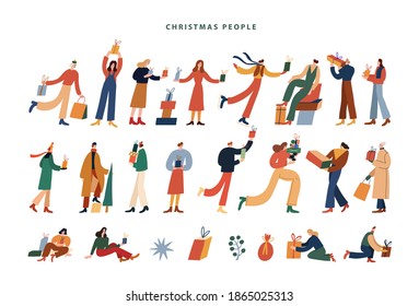 Vector illustration dedicated to winter holidays. Collection of people, girls and boys, holding boxes with presents. Festive image for Christmas and New Year celebration. Gift exchange