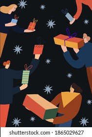Vector illustration dedicated to winter holidays. Girls holding boxes with presents. Festive image for Christmas and New Year celebration. Gift exchange