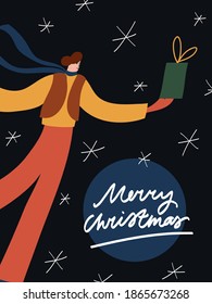 Vector illustration dedicated to winter holidays. Girls holding boxes with presents. Festive image for Christmas and New Year celebration. Merry Christmas lettering.