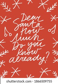 Vector illustration dedicated to winter holidays. Minimalist lettering on red background with plant elements and snowflakes. Festive image for Christmas and New Year celebration.