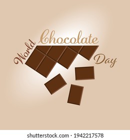 Vector illustration dedicated to the world chocolate day on a light beige background with gradient. Chocolate bar with flying out chocolate pieces. Poster, banner, sign and other design purposes in