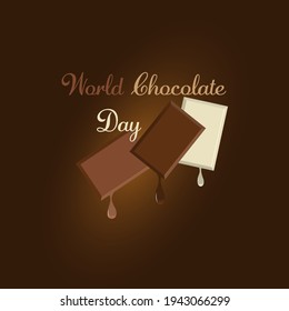 Vector illustration dedicated to the world chocolate day. Small pieces of chocolate with melting chocolate drops. Dark brown background with gradient. Banner, poster, logo, signboard. For various