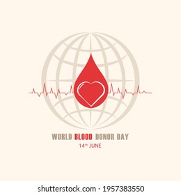 Ilustración vectorial dedicada al día mundial de los donantes. Caída de sangre y corazón con cardiograma. El esquema del planeta en segundo plano. Concepto de afiche, signo, logotipo.