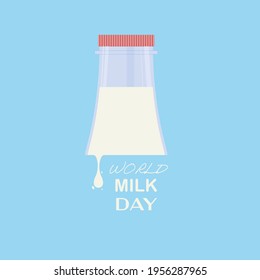 Ilustración vectorial dedicada al Día Mundial de la Leche. En la parte superior de una botella de leche con una gota que cae. Fondo azul. Cartel, logo, cartel. Para una amplia variedad de aplicaciones en su diseño.