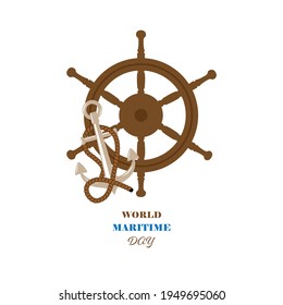Vector illustration dedicated to the World Sea Day. Steering wheel, anchor and rope. Banner, poster, sign, symbol. For various design purposes.