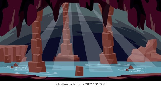  Vector illustration of a deep, beautiful underground cave. Cartoon scene of a landscape of a natural karst cave with water, stalagmites, pillars, rocks, cliffs, rays of light penetrating the beast.
