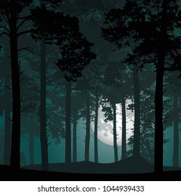 vector illustration of a deep coniferous forest under a night sky with full moon