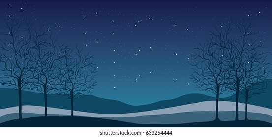 vector illustration of deep night over fields and hills , starry sky and leafless trees
nature, landscape