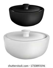 Vector illustration of deep plates with covers. Ceramic dishes for hot meals.