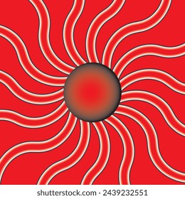 Vector illustration in deep red. An eye-catching illustration with a circle in the center. Shading, gradient color, 3D effect. Distinctive, eye-catching, web, app, flyers. Waved rays around the circle
