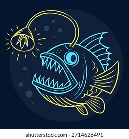 Ilustração vetorial de um peixe pescador de mar profundo com uma isca brilhante e dentes afiados, estilo neon minimalista