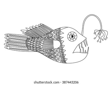 Vector illustration of deep sea fish - Anglerfish in zentangle style