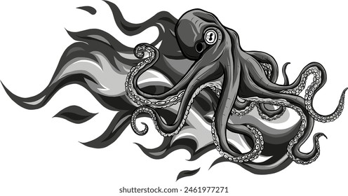 vector illustration Deep Sea Octopus with flames Monochrome