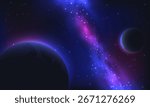 Vector illustration of deep space with glowing planets, bright stars, and a vibrant galactic nebula on a dark cosmic background. Perfect for astronomy, science, and space exploration themes