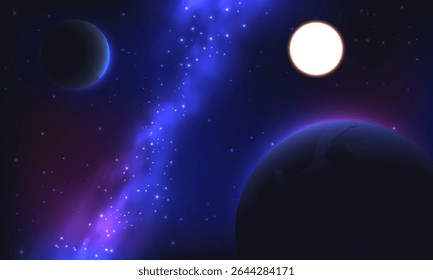 Vector illustration of deep space with glowing planets, bright stars, and a vibrant galactic nebula on a dark cosmic background. Perfect for astronomy, science, and space exploration themes.