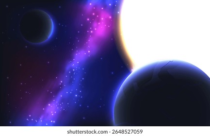 Ilustração vetorial do espaço profundo com planetas brilhantes, estrelas brilhantes, sol gigante e uma vibrante nebulosa galáctica sobre um fundo cósmico escuro. Perfeito para temas de astronomia, ciência e exploração espacial