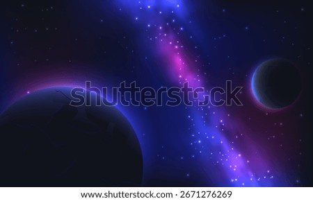 Vector illustration of deep space with glowing planets, bright stars, and a vibrant galactic nebula on a dark cosmic background. Perfect for astronomy, science, and space exploration themes