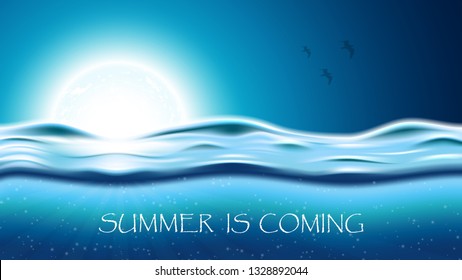 Vector illustration of deep underwater ocean scene.Summer night concept background with moon