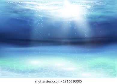 Vector illustration with deep underwater ocean scene. Sun rays penetrate the water column. Background . Realistic vector illustration