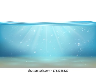 Vector illustration with deep underwater sea scene.Banner with with horizon water surface.Ocean surface.