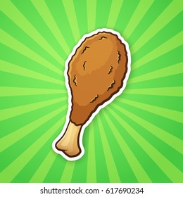 Vector illustration. Deep-fried chicken leg. Unhealthy and fast food. Sticker in cartoon style with contour. Decoration for greeting cards, patches, prints for clothes, badges, posters, menus