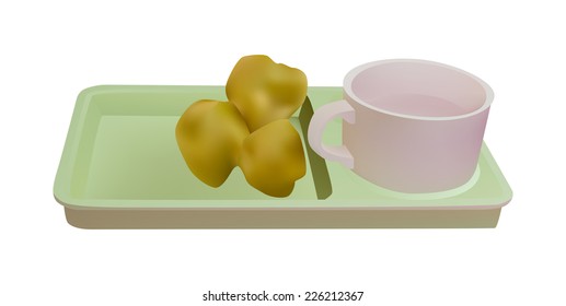 Vector illustration deep-fried doughstick or chinese bread with hot water mug on plate