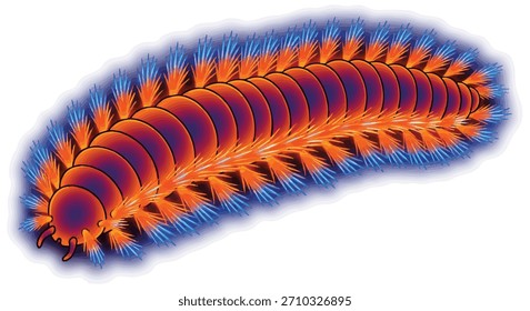 Ilustración vectorial de un gusano de fuego de aguas profundas o un gusano de fuego barbudo con cerdas punzantes brillantes. Gusano marino rojo del poliqueto aislado en el fondo blanco.