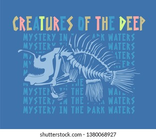 Vector illustration of a deep-water angler fish in blue-violet tones. Print for printing on T-shirts and clothing, for posters and printed materials.