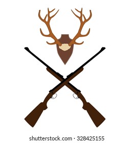 Vector illustration of deer, antler horns. Animal horn. Two crossed rifle. Hunting weapon