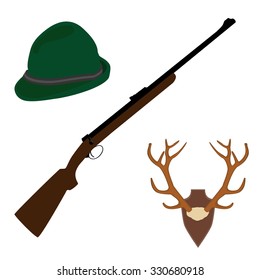 Vector illustration of deer, antler horns. Animal horn. Green german hat  and rifle. Hunting weapon