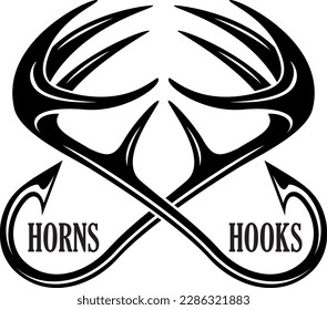 Vector illustration of deer antlers and fishing hooks