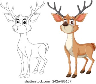 Vektor-Illustration eines Hirsches, vor und nach der Färbung.