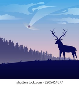 Ilustración vectorial con un ciervo detrás del cual un bosque y un meteorito en caída.