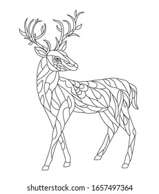 Vector Illustration of deer. Black and white vector illustration for coloring book. Beautiful drawings with patterns and small details. 