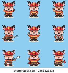 Vector Illustration of Deer cartoon with Firefighter costume. Set of cute Deer characters. Collection of funny Deer isolated on a white background.