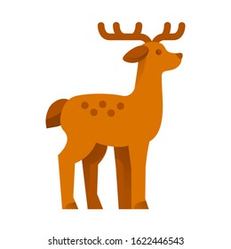 Vector illustration of a deer in cartoon style. Cute simple deer with antlers, standing alone on white background.
