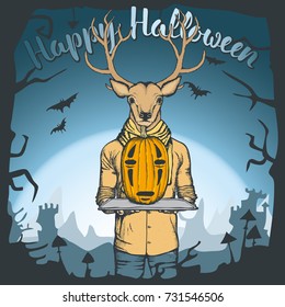 Imagen vectorial de ciervos celebrando Halloween. Venado con calabaza de Halloween