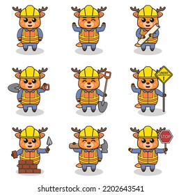 Vector illustration of Deer character at construction site. Construction workers in various tools. Cartoon Deer characters in hard hat working at building site vector.