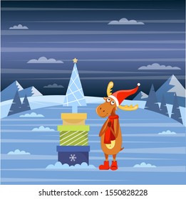 Vector illustration of a deer with Christmas gifts in the winter forest
