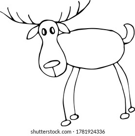 Vector illustration of a deer in the Doodle style. Black outline on an isolated white background. Concept of wildlife, animals, Christmas, new year, nature. Can be used for fabric, textile, Wallpaper