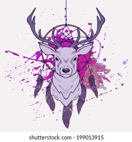 Vector illustration with deer, dream catcher and watercolor splash